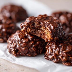 A close-up of fudgy no-bake cookies, with one cookie broken in half to show the texture.