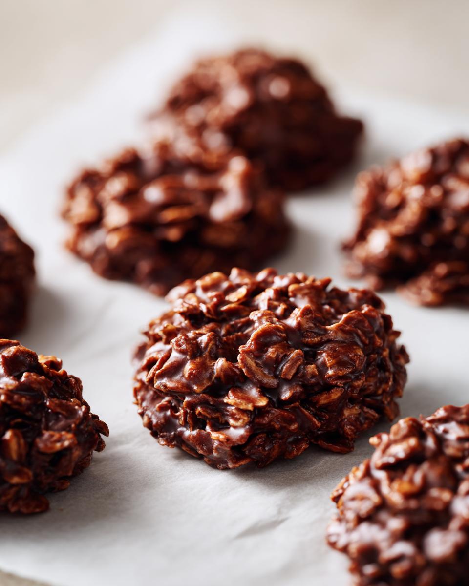 Close-up of several fudgy no-bake cookies made with oats and chocolate.