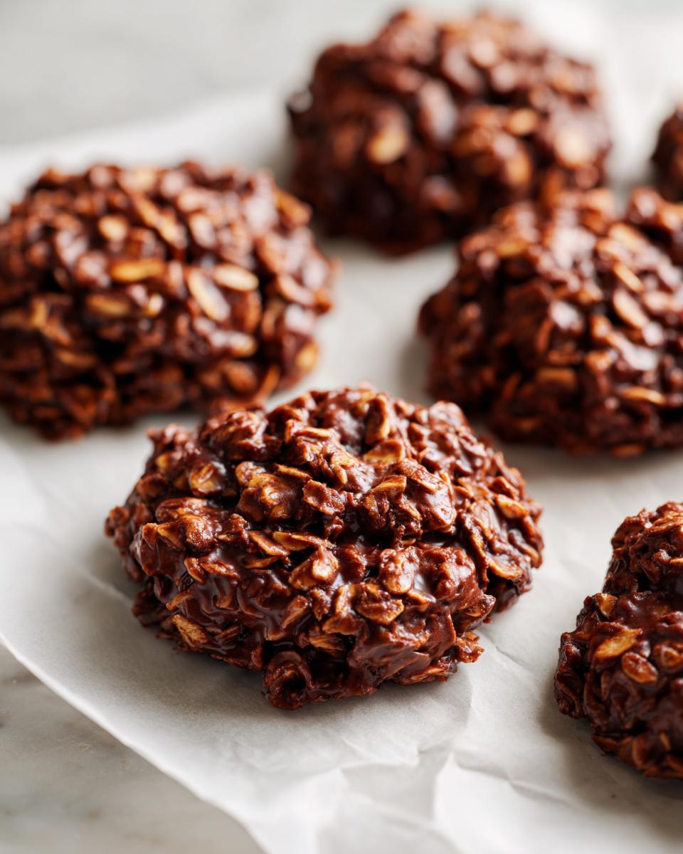 Close-up of fudgy no-bake cookies made with oats and chocolate.