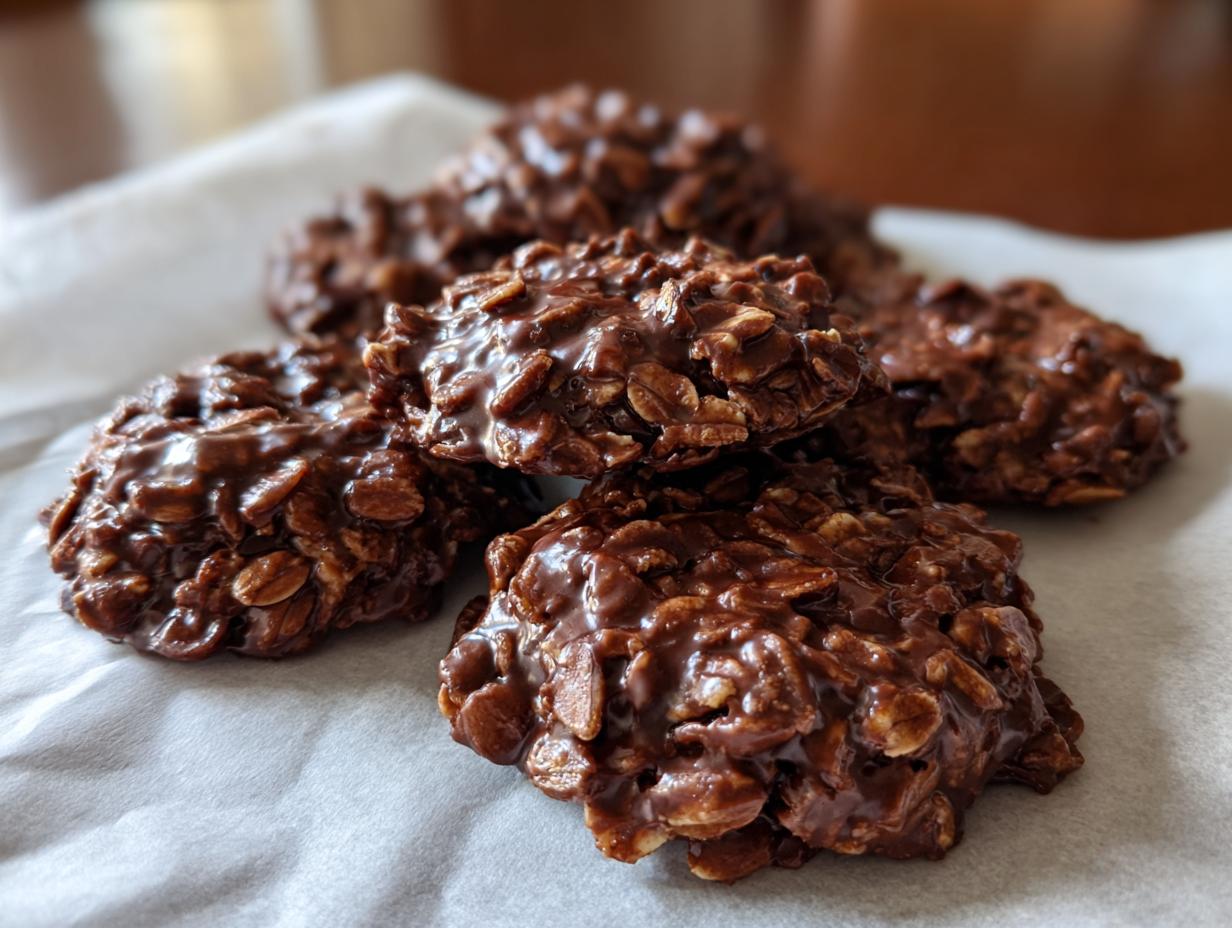 Close-up of several fudgy no-bake cookies made with oats and chocolate.