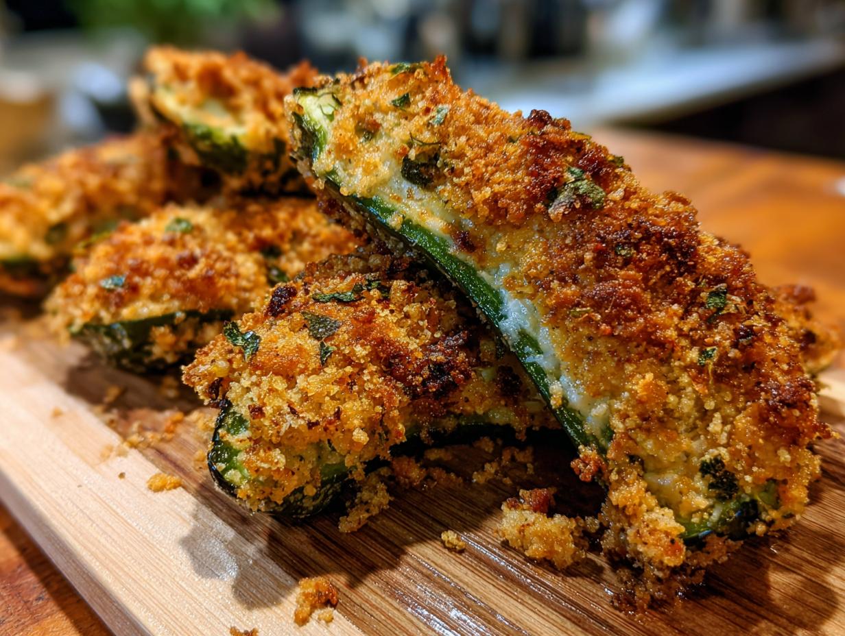 Close-up of golden brown, breaded jalapeno poppers filled with creamy cheese, perfect for game day.