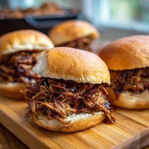 Close-up of delicious pulled pork sliders on a wooden board, perfect for game day.