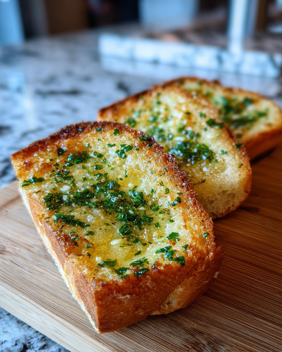 Close-up of golden brown garlic bread slices topped with melted butter, garlic, and fresh parsley.
