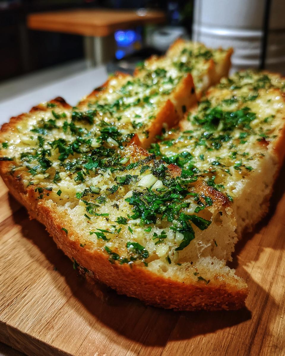 Close-up of golden-brown garlic bread slices topped with melted butter, garlic, and fresh parsley.