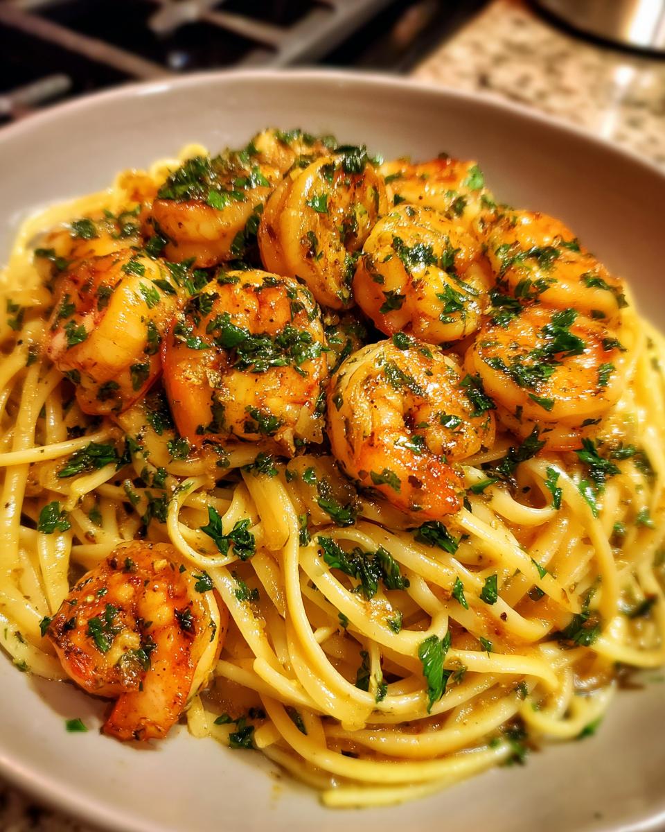A close-up of a bowl of garlic shrimp pasta, featuring linguine noodles topped with plump, seasoned shrimp and fresh parsley.