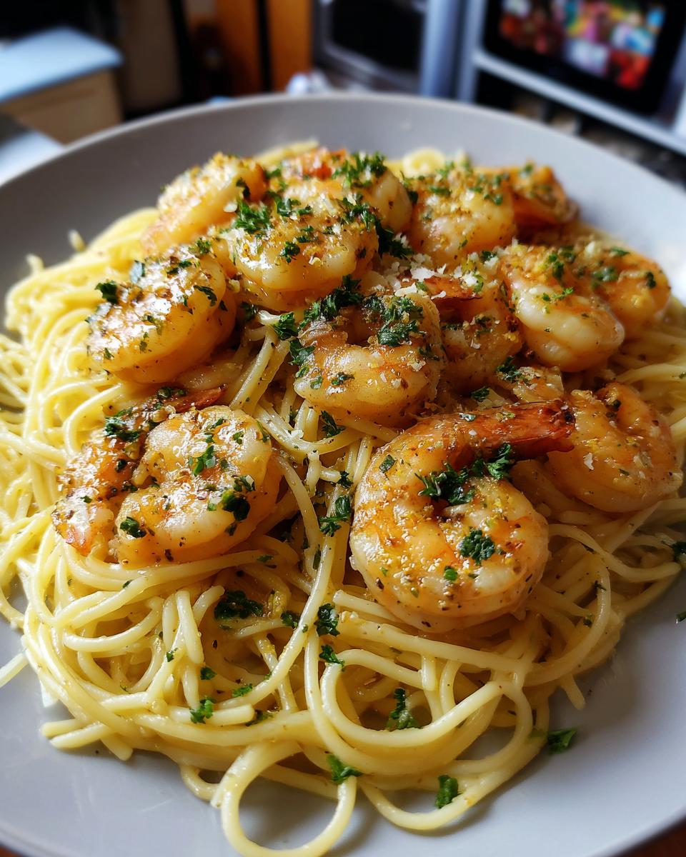 A close-up of a bowl of spaghetti topped with succulent garlic shrimp and fresh parsley.