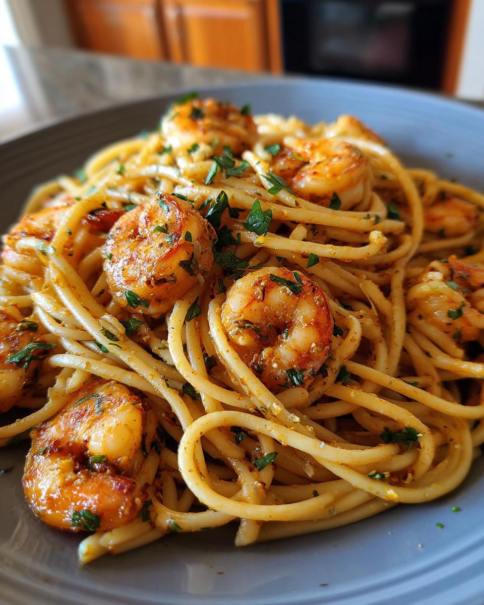 A close-up of a plate of garlic shrimp pasta, featuring perfectly cooked linguine and seasoned shrimp.