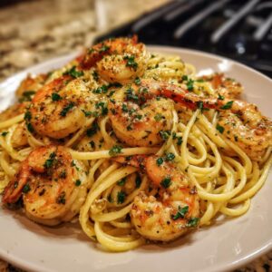 A plate of delicious garlic shrimp pasta, featuring linguine noodles tossed in a creamy garlic sauce and topped with perfectly cooked shrimp and fresh parsley.