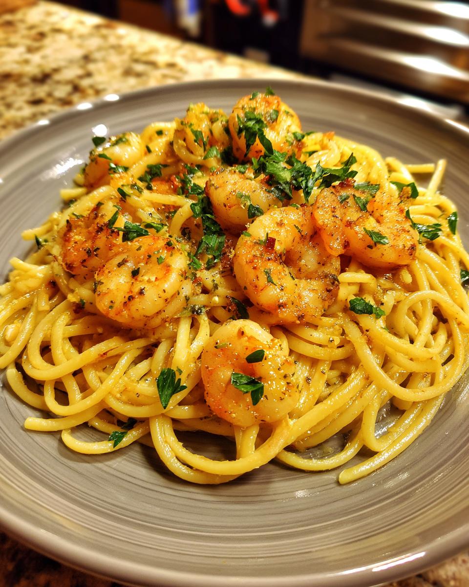 A close-up of a plate of garlic shrimp pasta, featuring perfectly cooked spaghetti and seasoned shrimp topped with fresh parsley.