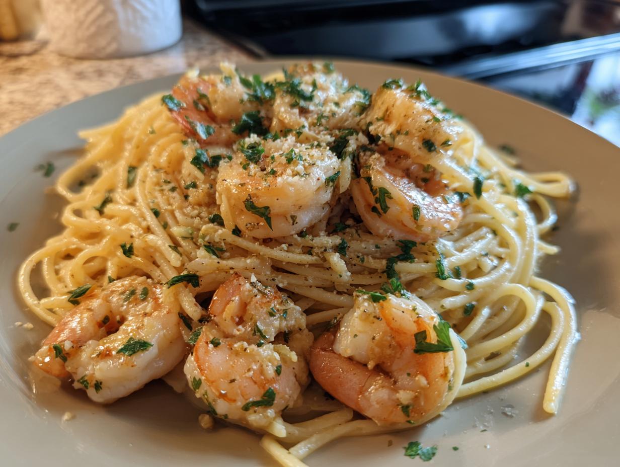 A plate of delicious garlic shrimp pasta, topped with fresh parsley and grated cheese.
