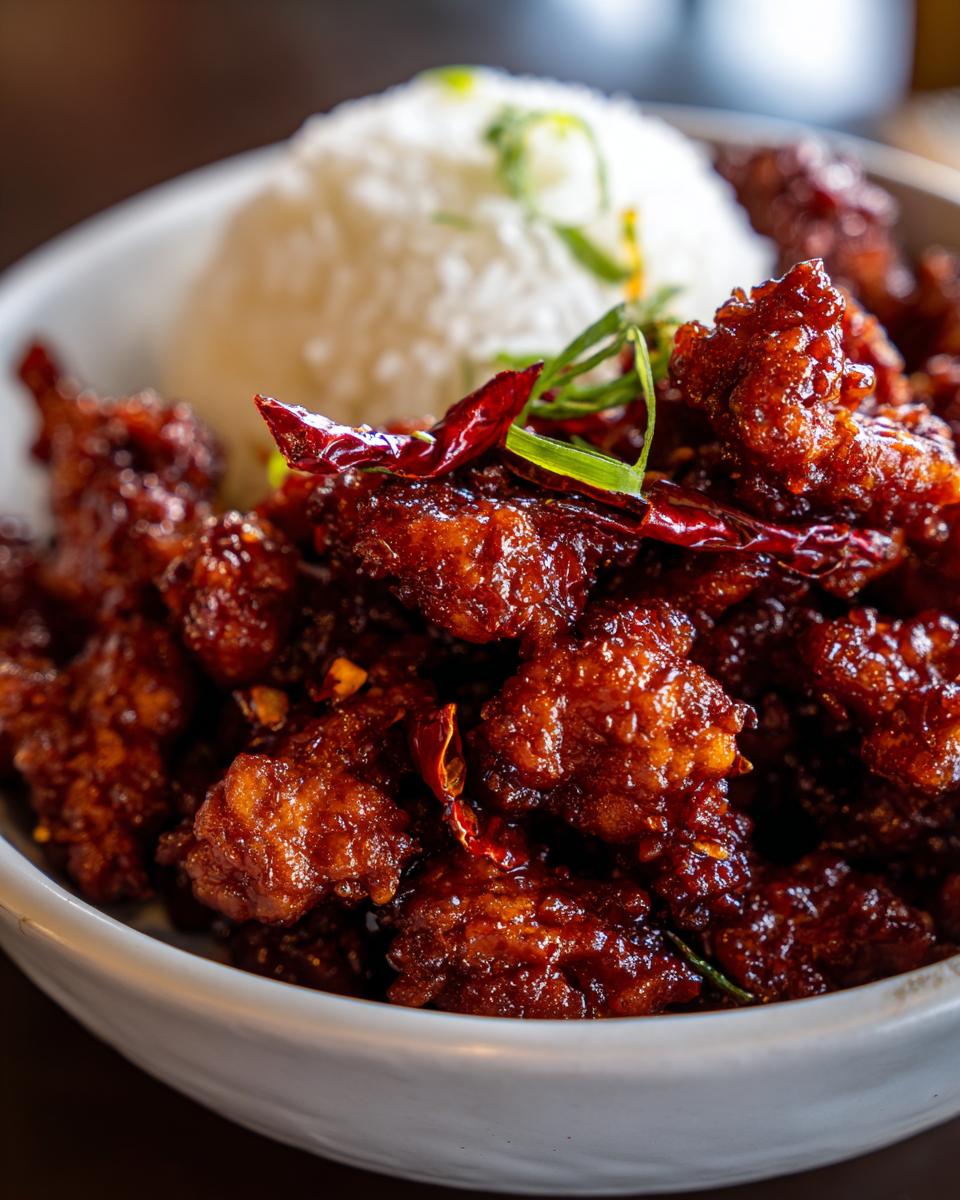 A bowl of crispy General Tso's chicken with a side of white rice, garnished with dried chilies and green onions.