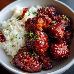 A close-up of crispy General Tso's chicken pieces coated in a glossy sauce, served with white rice and garnished with green onions and chili flakes.