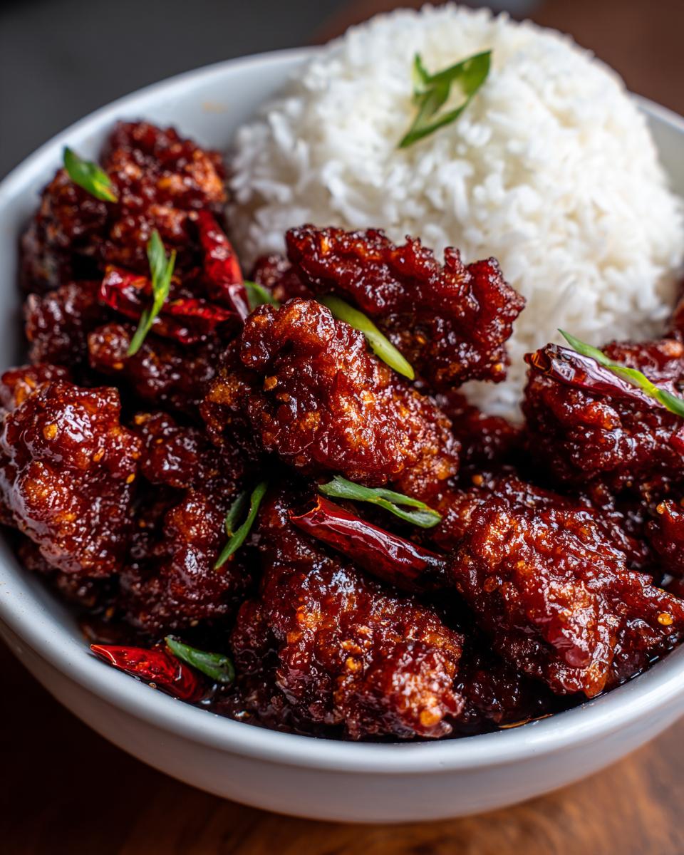 Close-up of crispy General Tso's chicken pieces coated in a glossy sauce, served with white rice and garnished with green onions and dried chilies.