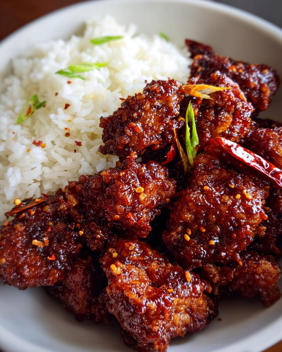 Close-up of crispy General Tso's chicken pieces coated in a glossy, spicy sauce, served with fluffy white rice and garnished with green onions.
