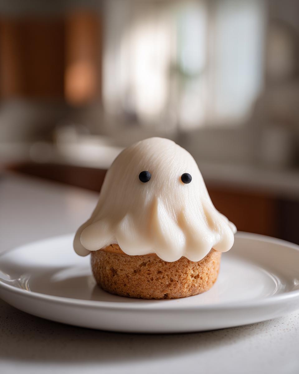 A single adorable ghost cupcake with white frosting and black candy eyes, sitting on a white plate.