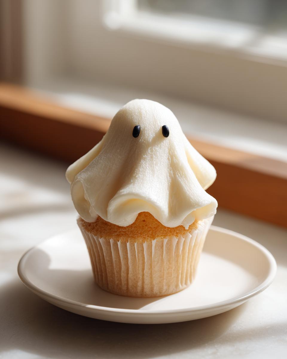 A single adorable ghost cupcake with white frosting and black candy eyes, perfect for Halloween.
