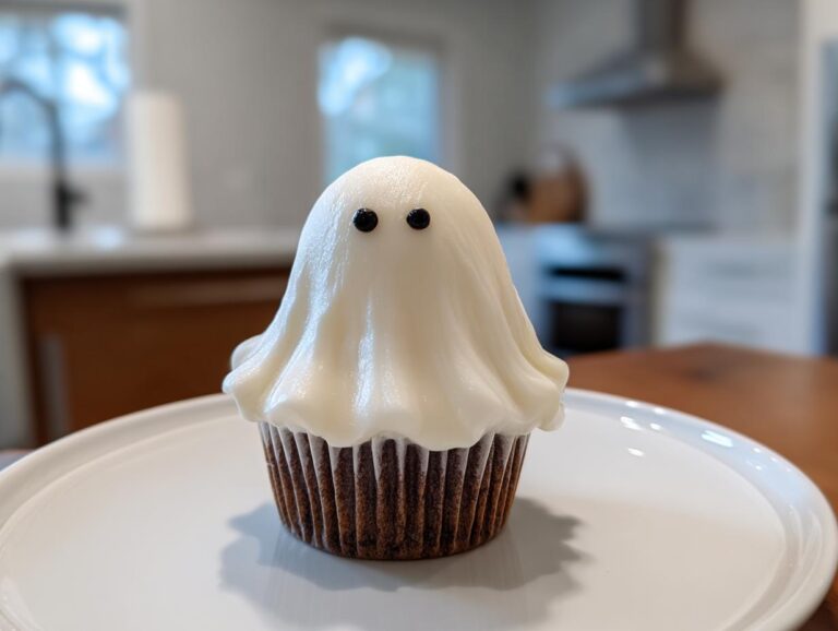 A single adorable ghost cupcake with white frosting and black candy eyes, sitting on a white plate.
