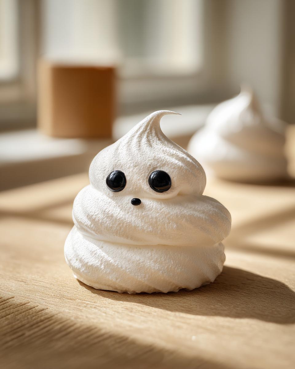 A close-up of a cute ghost meringue with black candy eyes and a small black mouth.