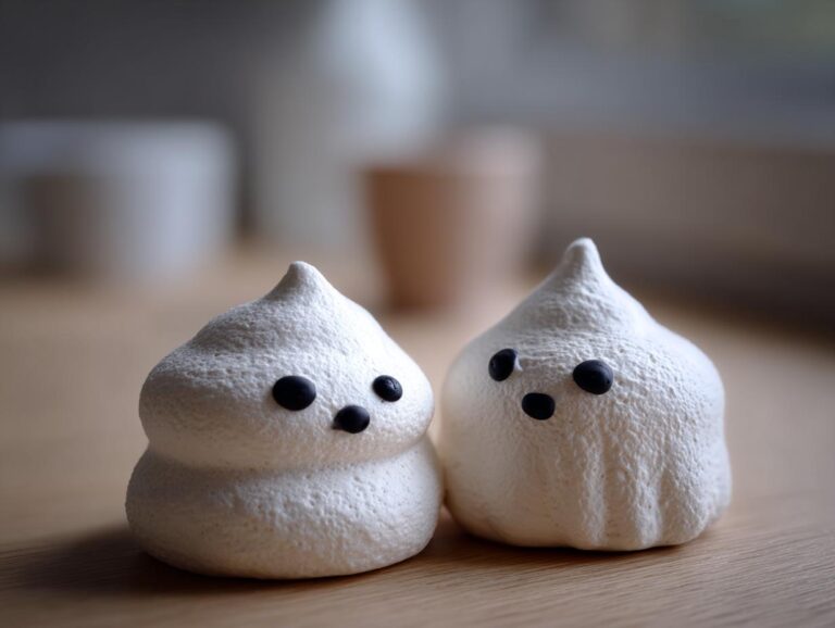 Two adorable ghost meringues with black candy eyes and mouths, perfect for Halloween treats.