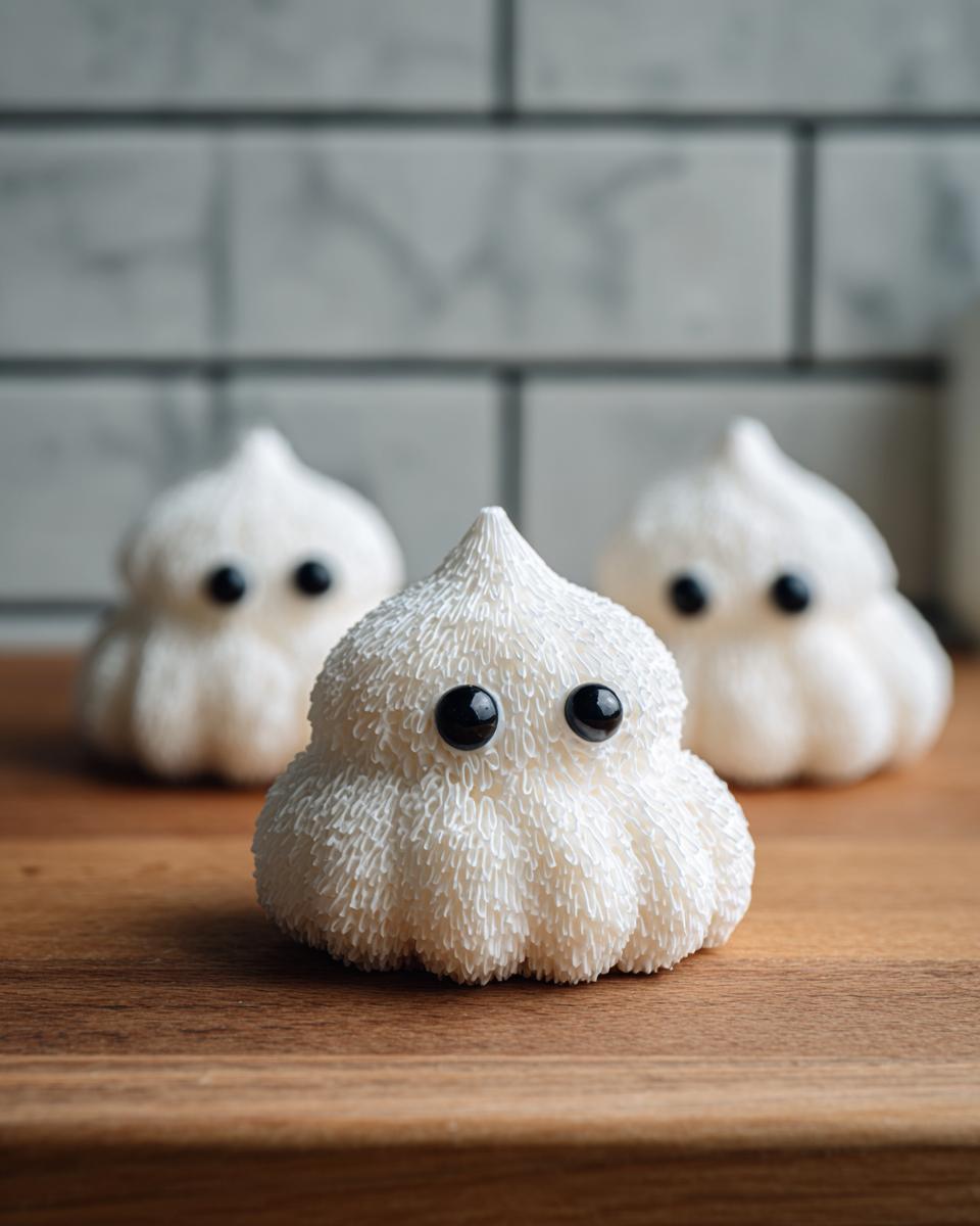Three cute ghost meringues with black candy eyes sitting on a wooden surface, perfect for Halloween treats.