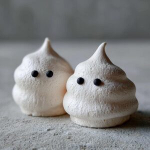 Two adorable ghost meringues with black candy eyes, perfect for Halloween treats.
