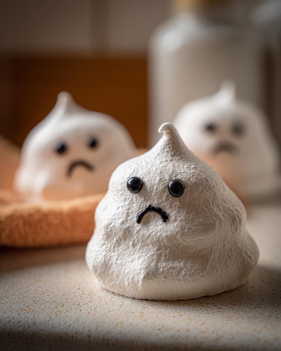 Close-up of a group of three ghost meringues, with the front one having black eyes and a sad mouth.