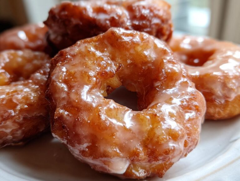 Close-up of golden brown, glazed apple fritters piled on a white plate.