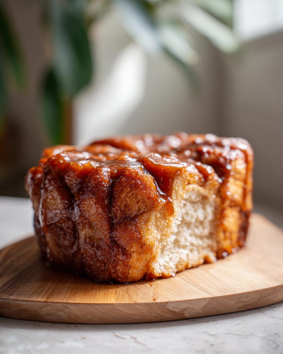 A close-up of a portion of gooey monkey bread, glistening with caramel sauce.