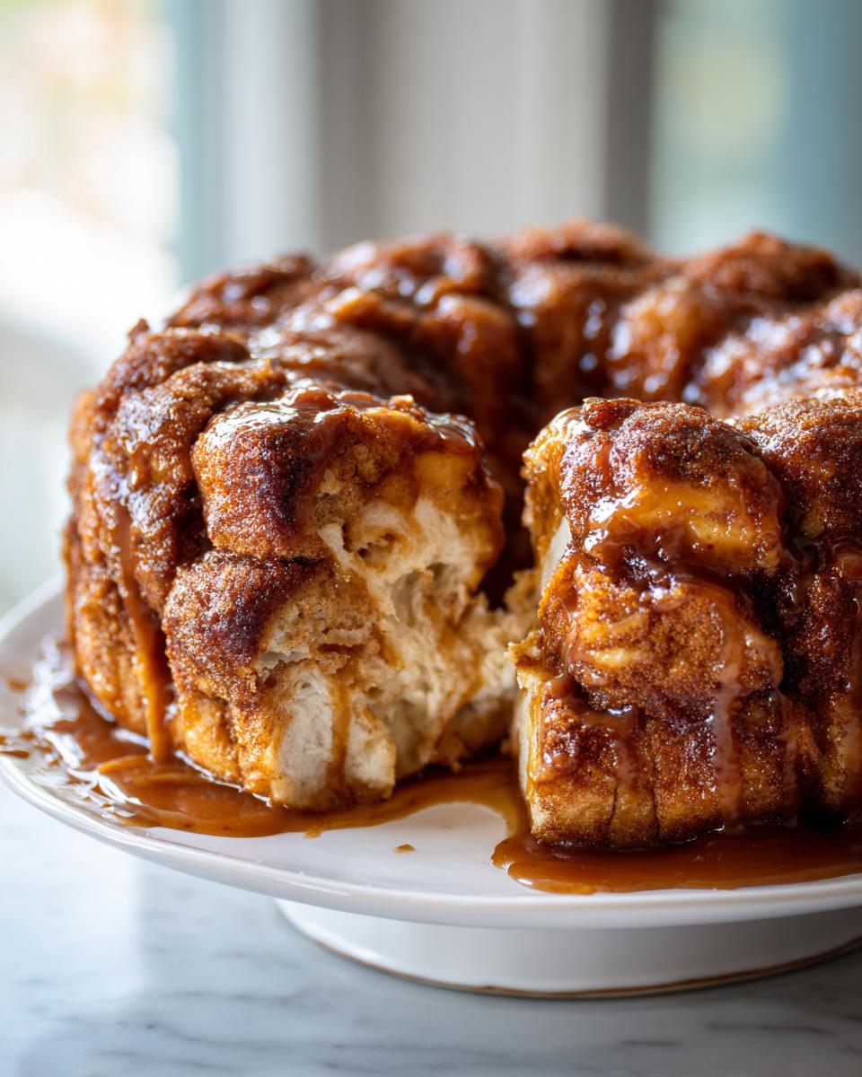Close-up of a gooey monkey bread pull-apart loaf, generously drizzled with caramel sauce.