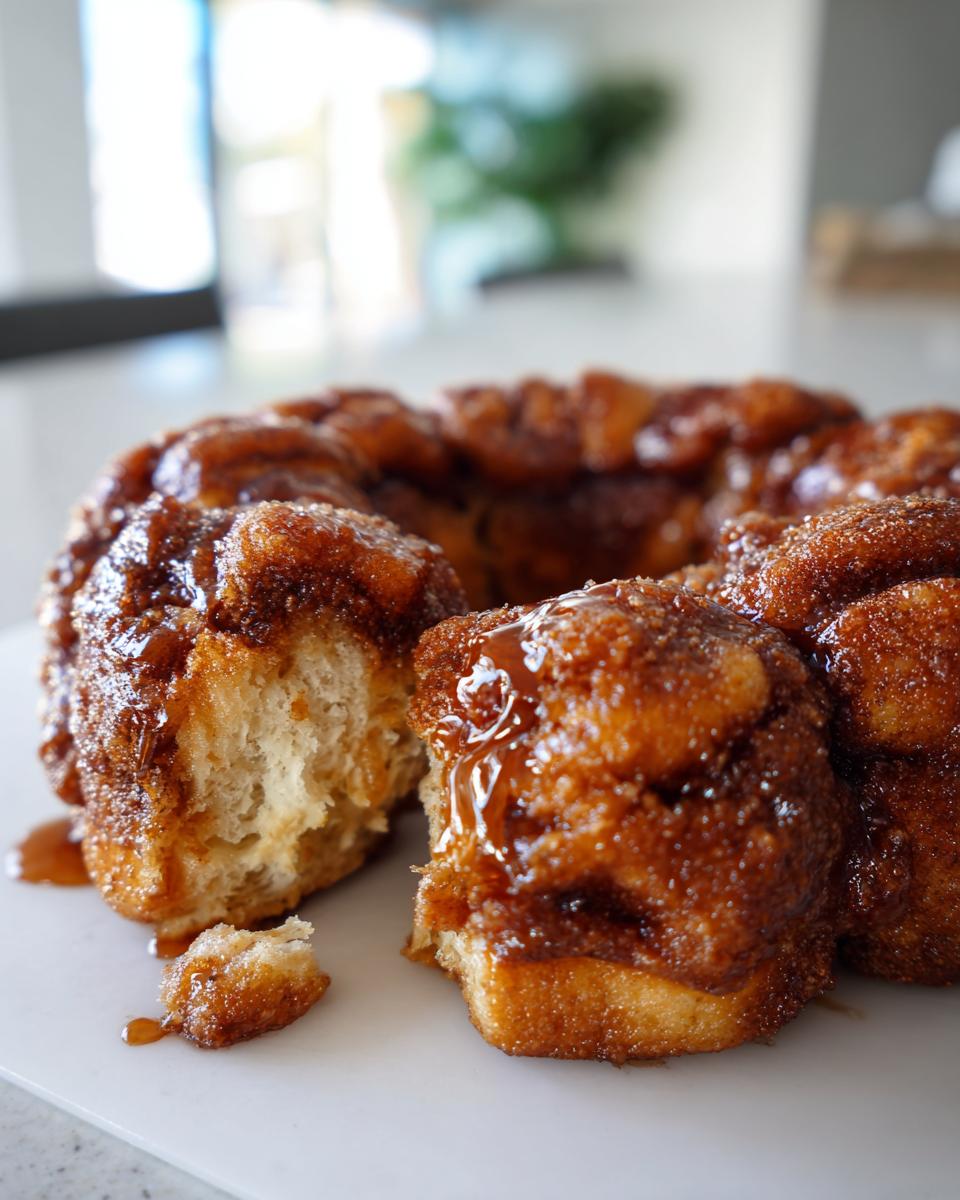 Close-up of a gooey monkey bread ring, with a piece pulled away showing a fluffy interior and caramel sauce.