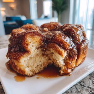 A close-up of a gooey monkey bread with caramel sauce dripping down the side.