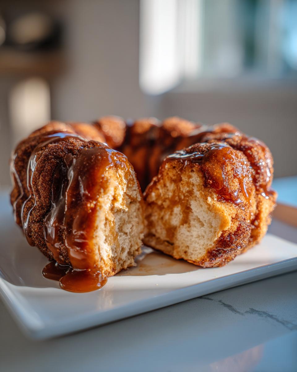 A close-up of gooey monkey bread, drizzled with caramel sauce, with a piece pulled away to show the soft interior.