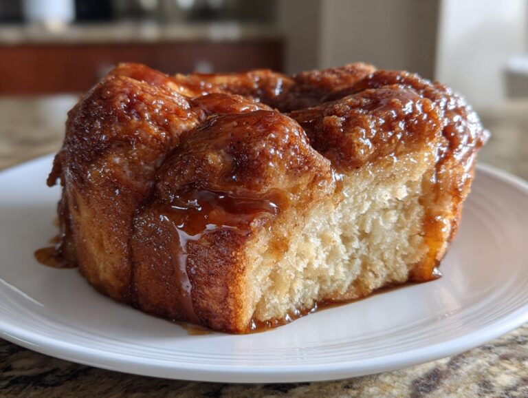 Close-up of a gooey monkey bread slice on a white plate, with caramel dripping down the sides.