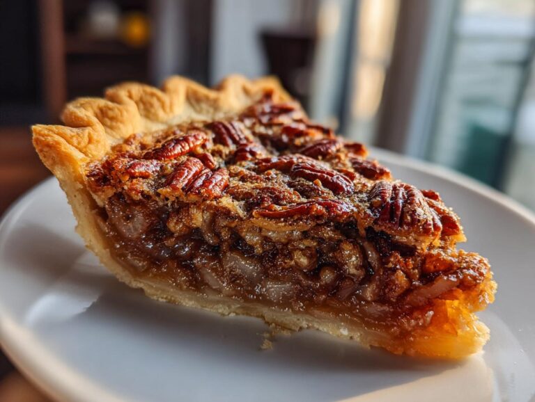 A close-up of a perfectly gooey slice of pecan pie on a white plate, showcasing the flaky crust and rich filling.
