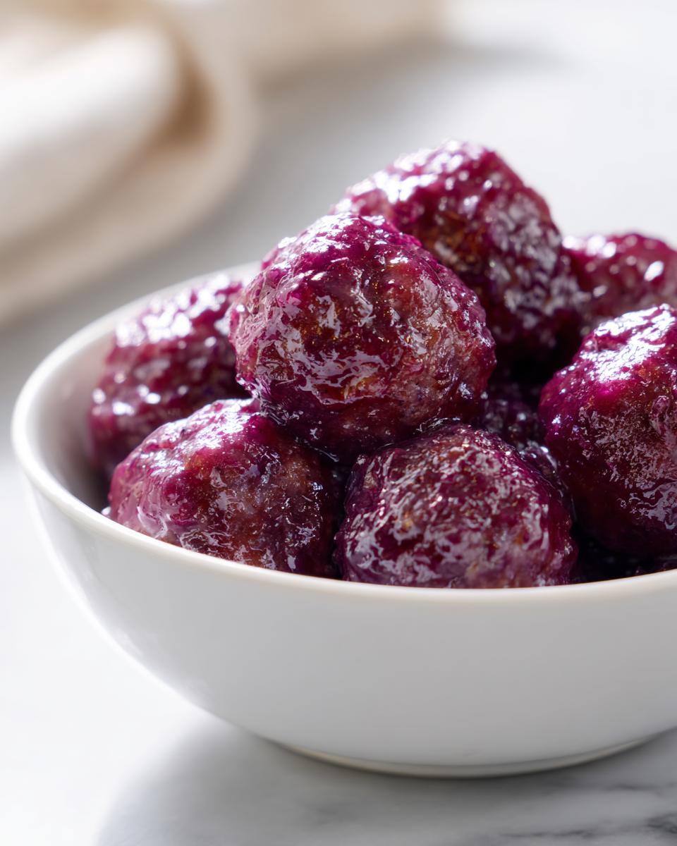 Close-up of a white bowl filled with glistening grape jelly meatballs.