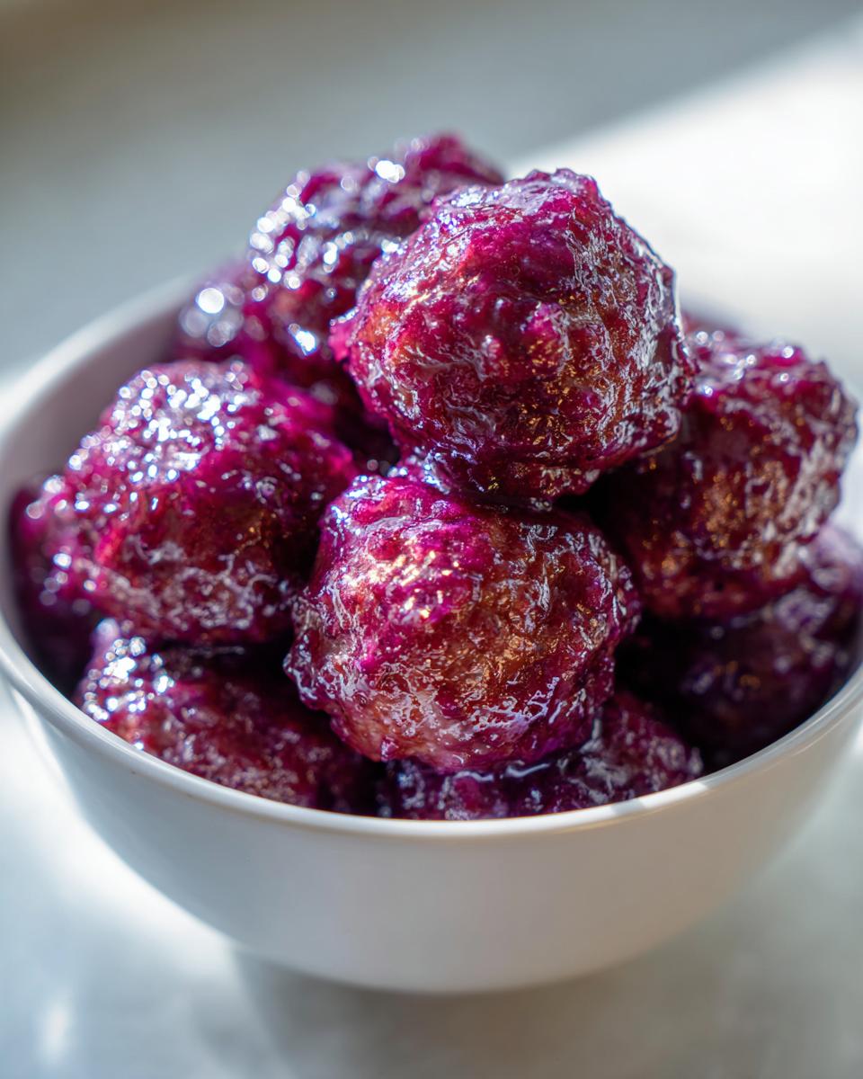 A close-up shot of a white bowl filled with glistening grape jelly meatballs.