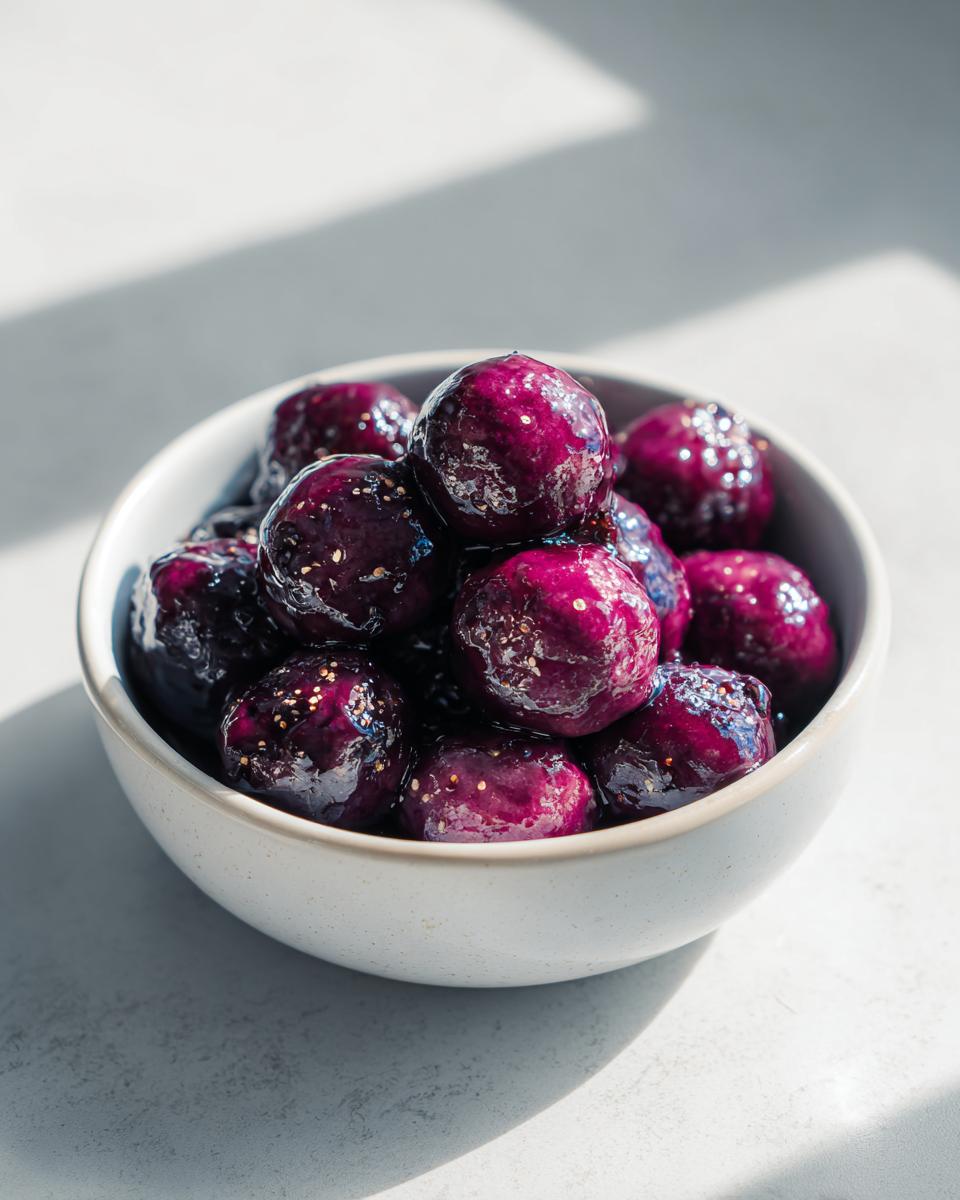 A bowl of glossy grape jelly meatballs, sprinkled with edible glitter.