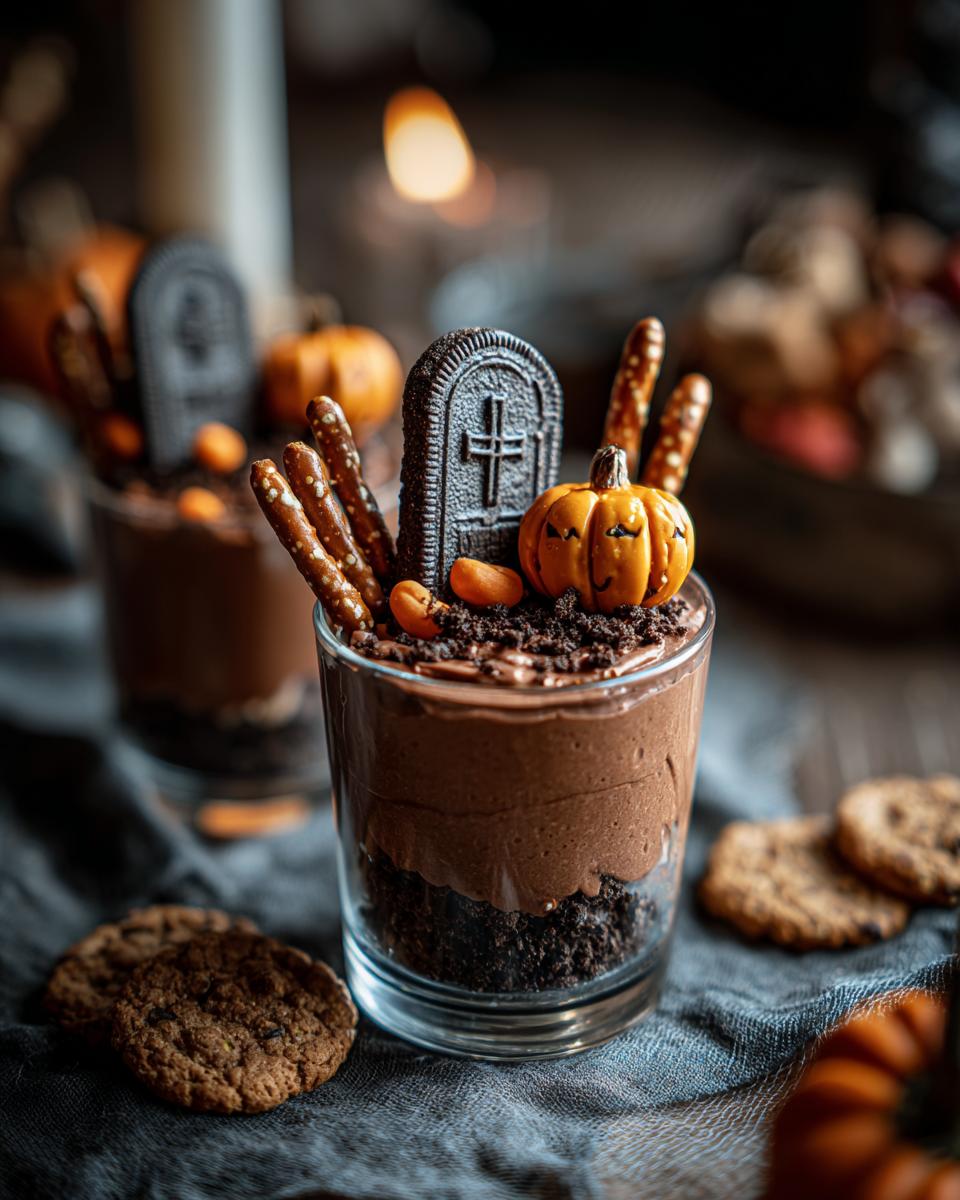 Close-up of a graveyard pudding cup with chocolate pudding, crushed cookies, a tombstone cookie, pretzel sticks, and a mini pumpkin.
