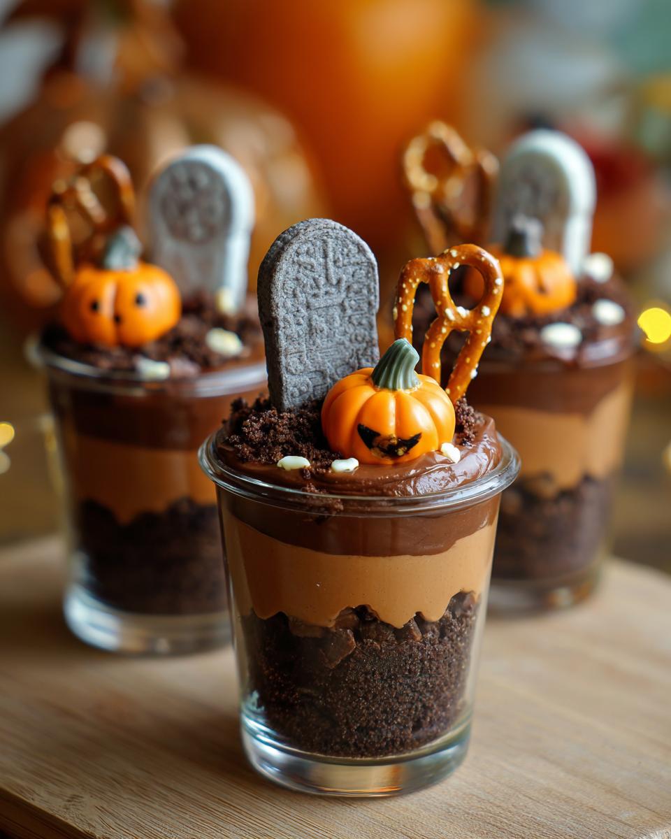 Close-up of a spooky graveyard pudding cup with chocolate pudding, cookie crumbs, a tombstone, and a jack-o'-lantern.