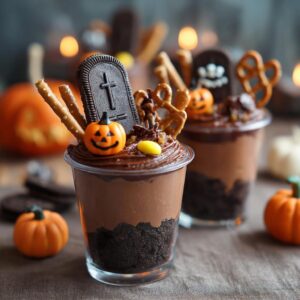 Close-up of a Halloween Graveyard Pudding Cup topped with chocolate frosting, a tombstone cookie, and a mini pumpkin.