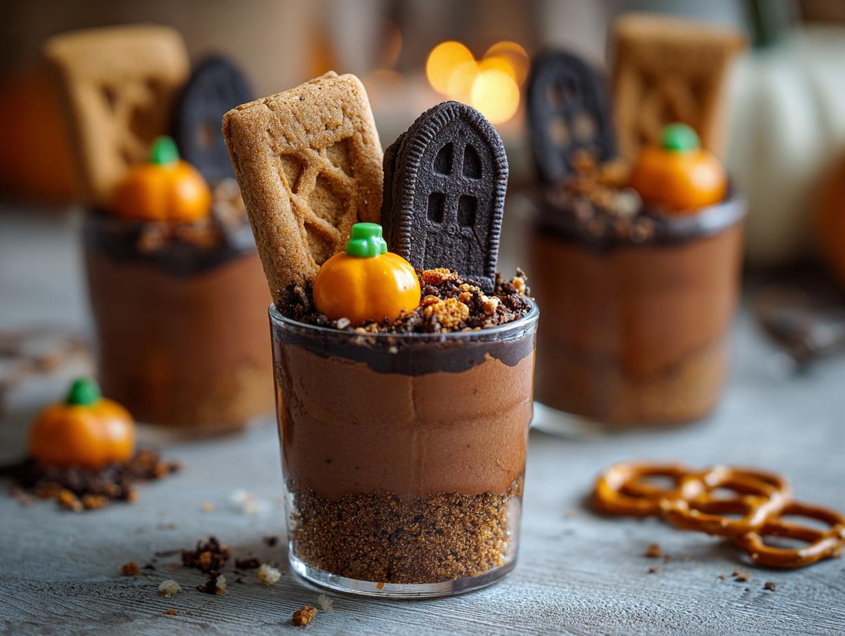 Close-up of a Halloween Graveyard Pudding Cup with chocolate pudding, cookie tombstone, and candy pumpkin.