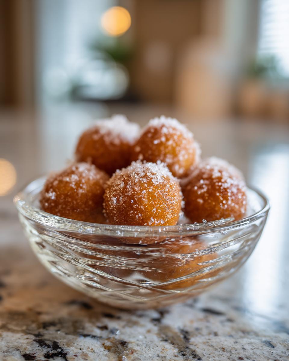 A close-up of sweet, golden-brown Gulab Jamun balls coated in sugar, served in a glass bowl.