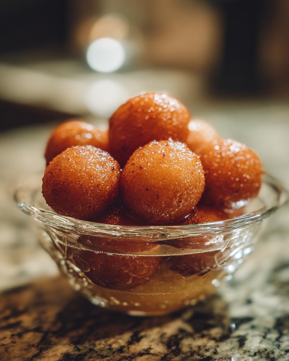 A close-up of sweet Gulab Jamun balls soaking in a light syrup in a glass bowl.