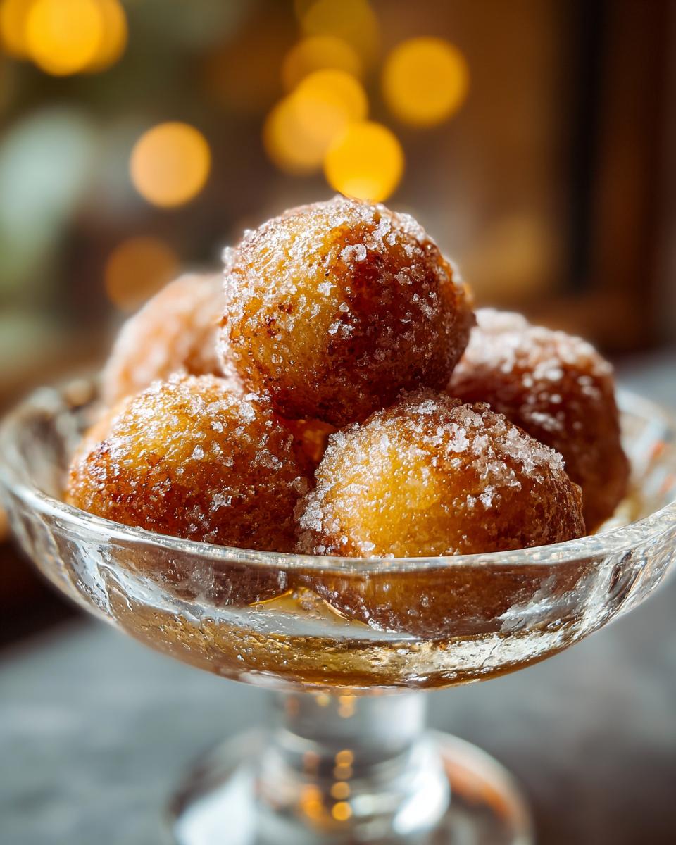 A close-up of golden-brown Gulab Jamun balls generously coated in sparkling sugar crystals, served in a glass bowl.