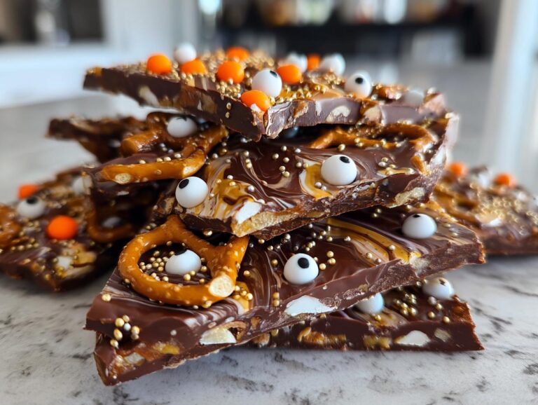 A stack of delicious halloween chocolate bark pieces, decorated with candy eyes, pretzels, and sprinkles.