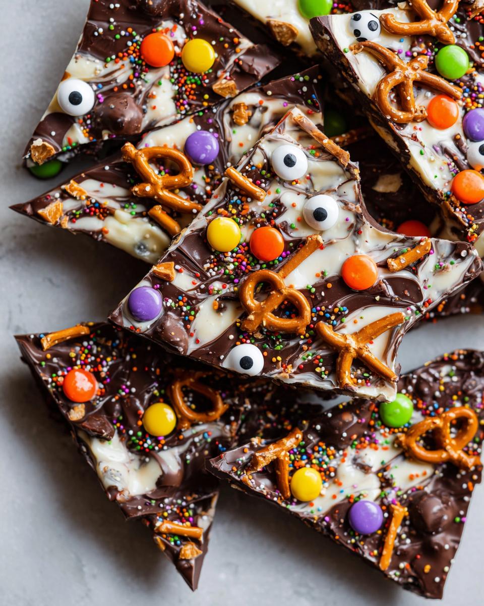 Close-up of festive Halloween chocolate bark pieces topped with candy eyes, colorful sprinkles, and pretzels.