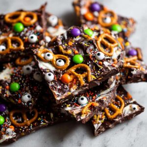 A close-up of spooky Halloween chocolate bark topped with candy eyes, colorful sprinkles, M&Ms, and pretzels.