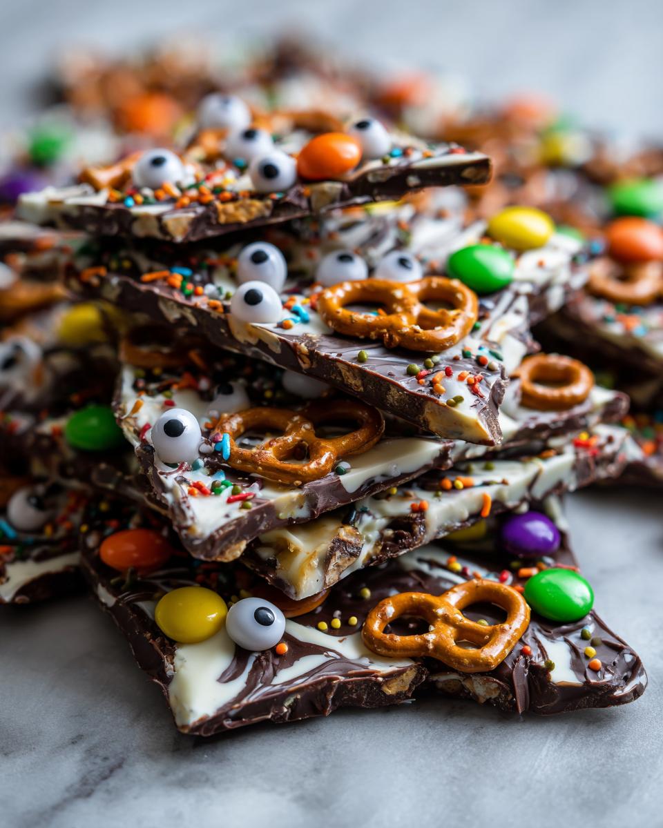 A stack of spooky Halloween chocolate bark pieces, decorated with candy eyes, colorful sprinkles, M&Ms, and mini pretzels.