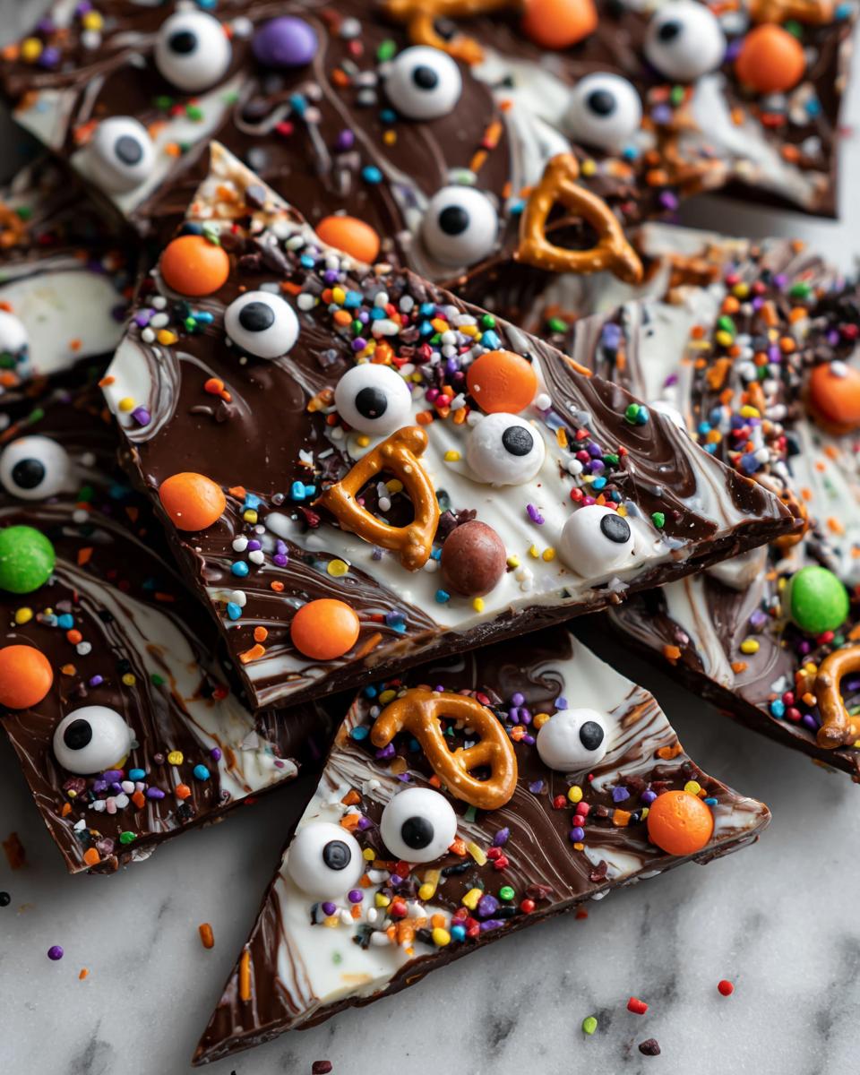 A close-up of spooky Halloween chocolate bark, swirled with dark and white chocolate, decorated with candy eyeballs, sprinkles, and pretzels.