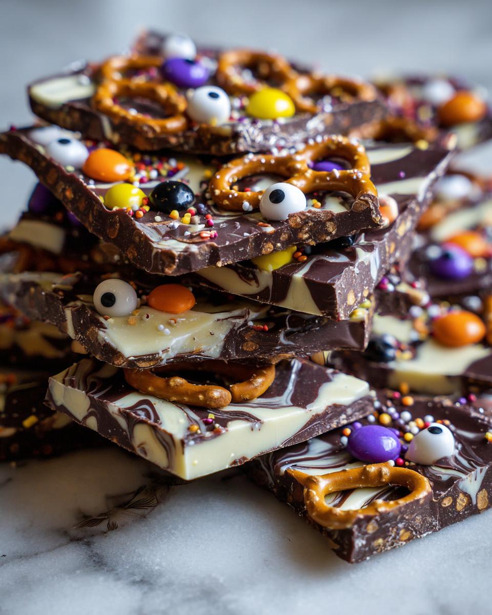 A stack of Halloween chocolate bark pieces topped with pretzels, candy eyes, and colorful sprinkles.